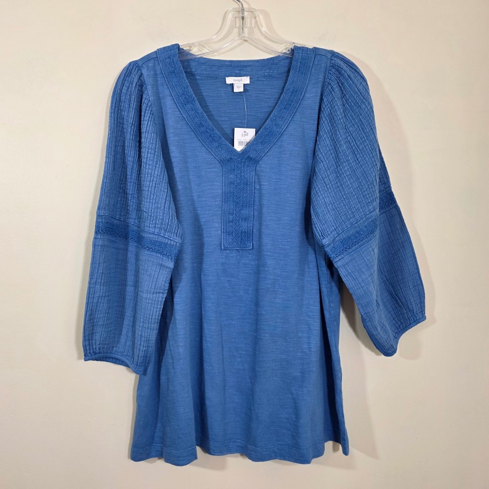 Pure Jill Women Tunic Top Blue Textured Cotton Embroidered V-Neck Size S NWT New